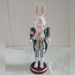 NWT Pastel Striped Bunny Nutcracker Figurine with Pink Bow
